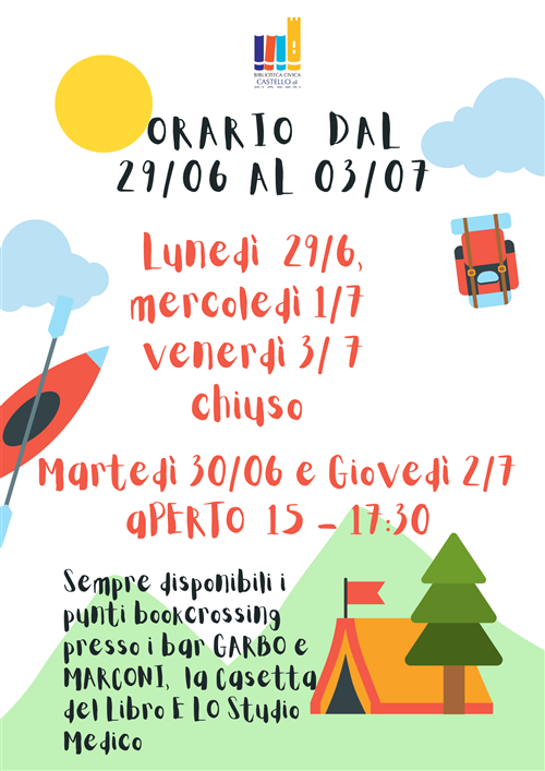 Orario della Biblioteca civica nella settimana dal 29/06/2026 al 3/07/2026